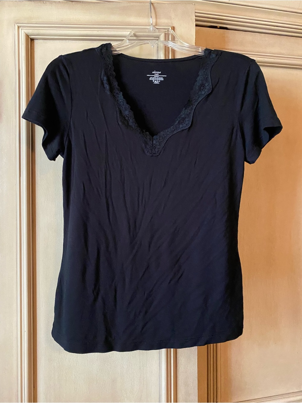Adonna Women’s Black V-Neck Lace Trim Short Sleeve Stretch Sleep shirt, Size S